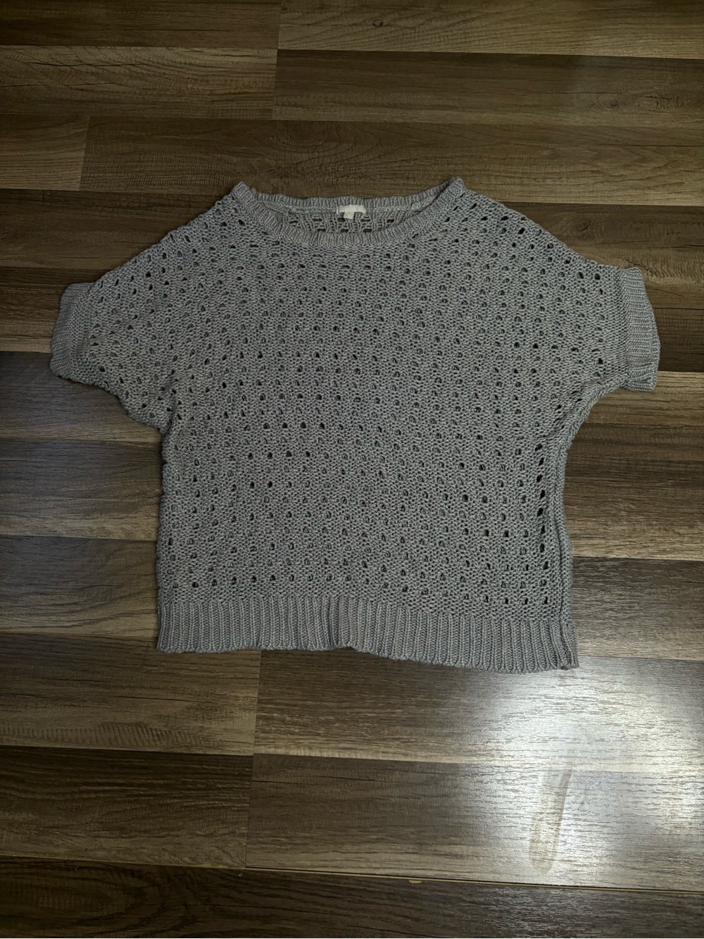 QVC Women's Gray Open-Knit Pullover Sweater Crew Neck Short Sleeve Size M